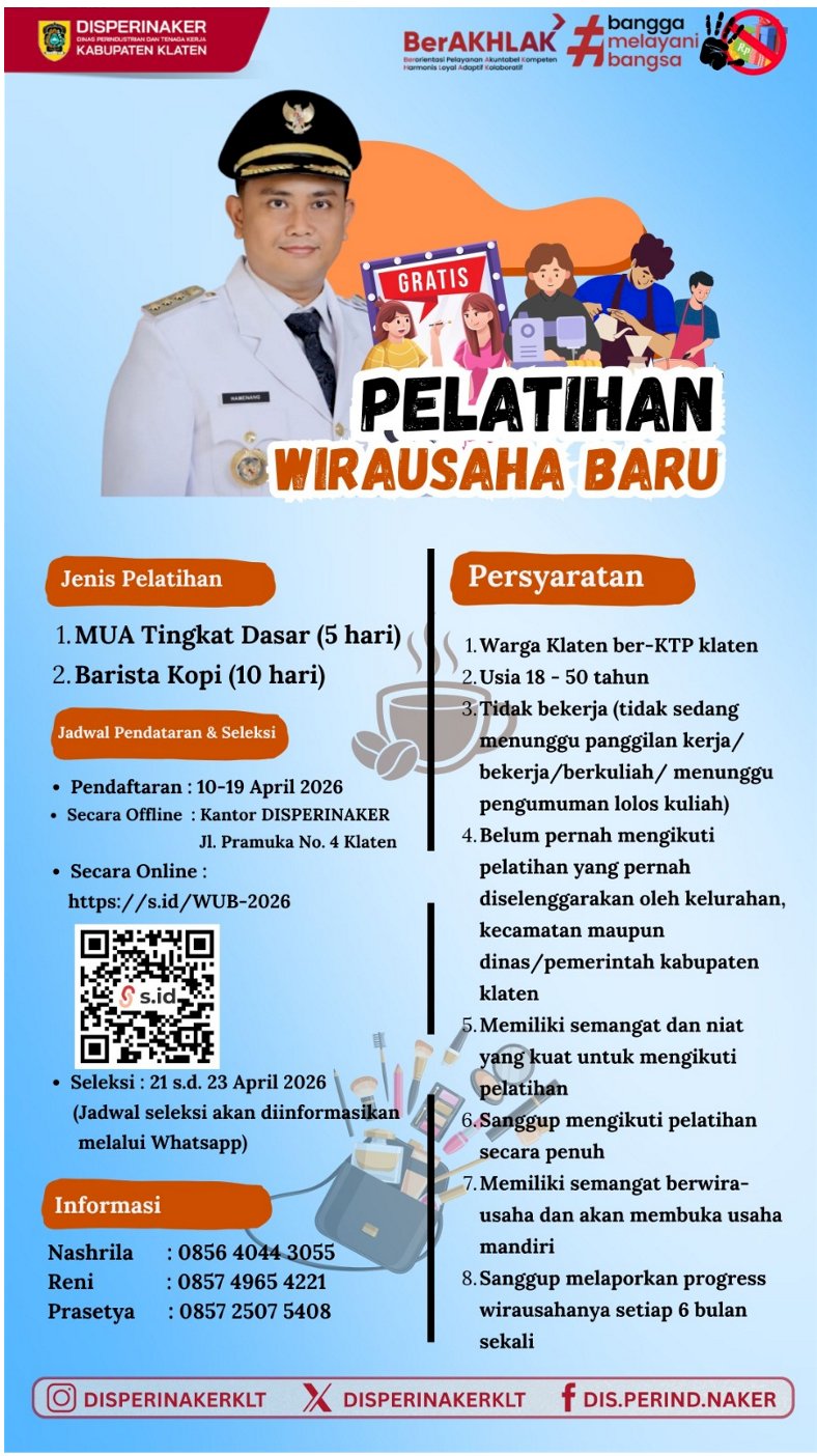 WARGA KLATEN MERAPAT! PELATIHAN MUA & BARISTA GRATIS 2026 KINI DIBUKA!